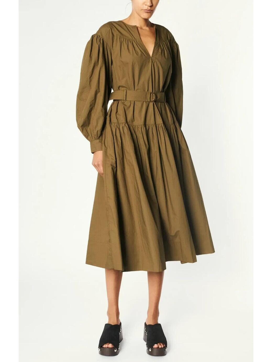 New, Ulla Johnson Women Joyce Puff Sleeve Belted Midi Dress Olive Size 8 #Dd341